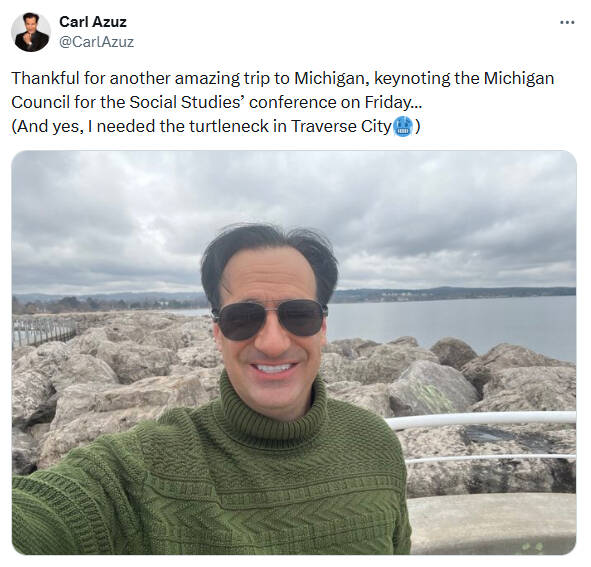 Photo of News Anchor Carl Azuz below a Tweet he Posted
